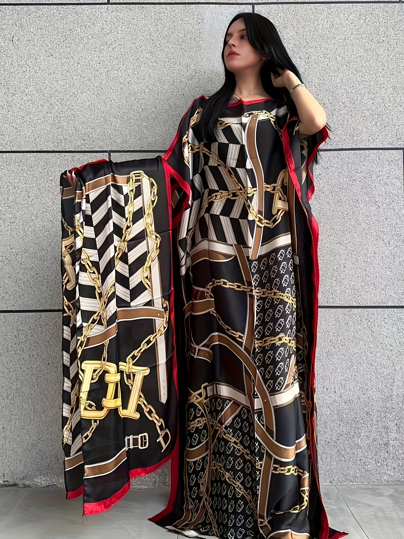 Modest Kaftan Dress - Elegant Batwing Sleeve Loose Maxi Dress with Hijab, Chain Print Boat Neck Design, Comfortable Women's Clothing for Everyday Wear